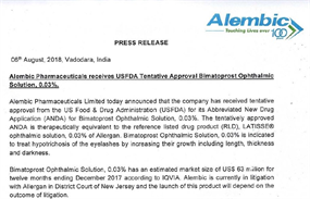 Press Release USFDA Tentative Approval Bimatoprost Ophthalmic Solution, 0.03%