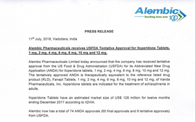 Press Release USFDA Tentative Approval Iloperidone Tablets