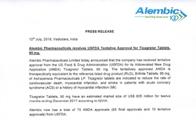 Press Release USFDA Tentative Approval Ticagrelor Tablets 90mg